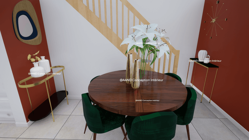 Salle à manger habillée de voilages et d'un luminaire sur mesure